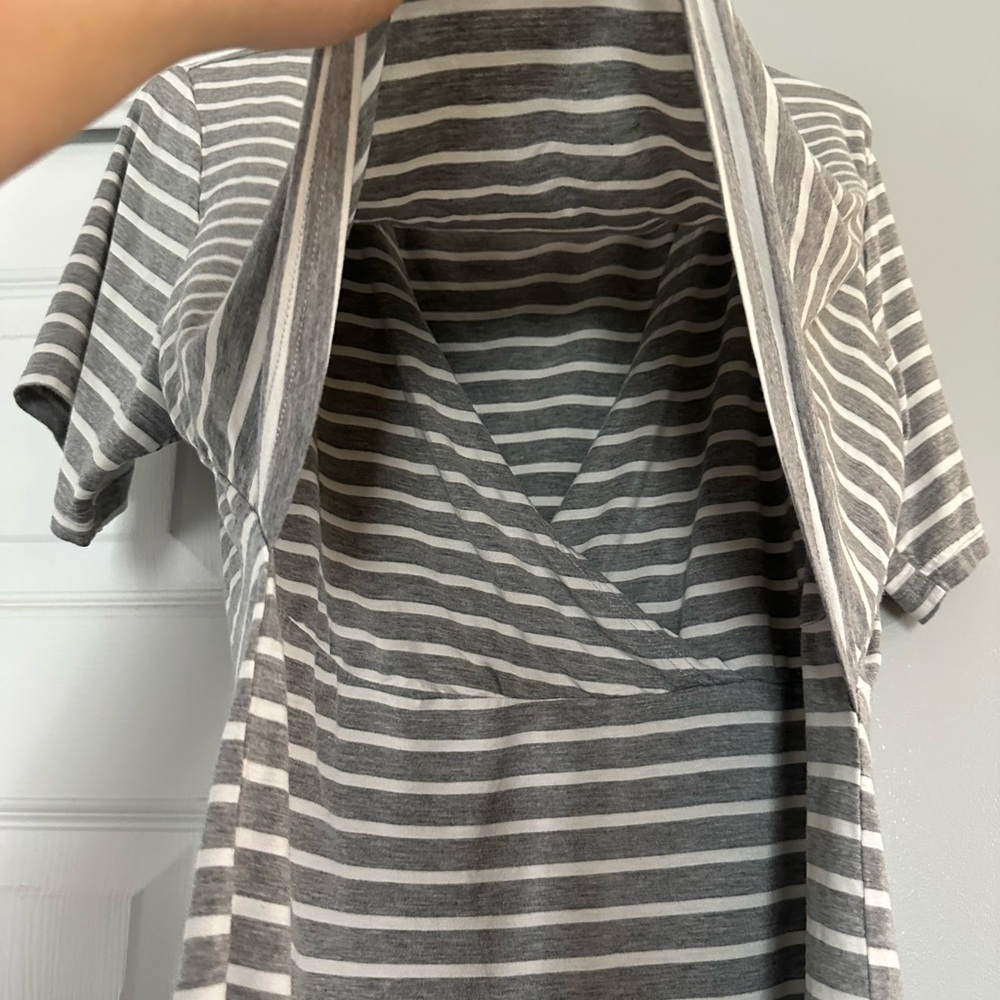 Gray and White Striped Short Sleeve Maternity & Nursing Top